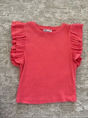 Zara Womens Coral Ruffle Sleeve Tee